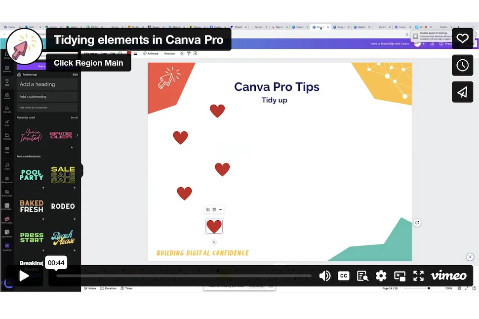 Tidying up and grouping elements in Canva Pro